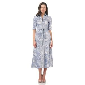 THEIA Button Front Belted Shirt Dress Blue Silver Metallic Jacquard Women's XS